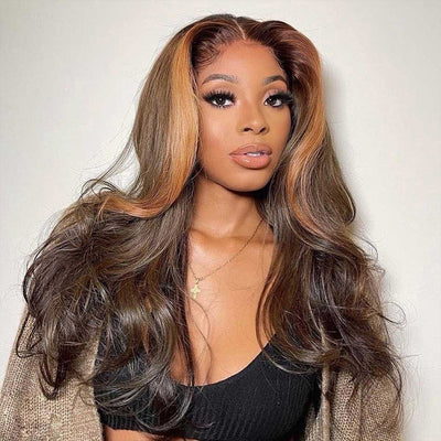 Skunk Stripe Brown Body Wave HD Transparent Lace Front Wig Face Frame Highlights Human Hair Wigs