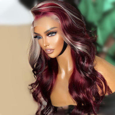 Buy 1 Get 1 Free: Skunk Stripe 13x4/4x4 Burgundy Hair Body Wave Human Hair Lace Front Wigs - Flash Sale
