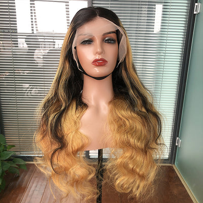 Skunk Stripe Hair Body Wave Lace Front Wig With Honey Blonde Highlight HD Transparent Lace Human Hair Wigs