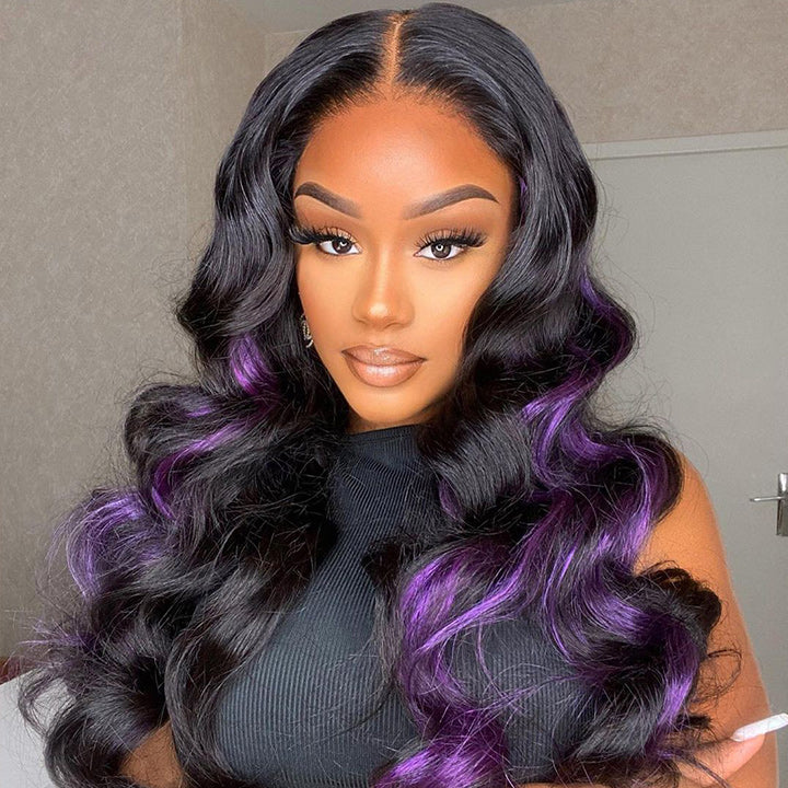 Skunk Stripe Hair Body Wave Lace Front Wig With Purple Highlight HD Tr ...