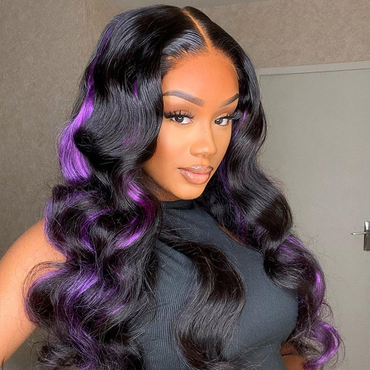 Skunk Stripe Hair Body Wave Lace Front Wig With Purple Highlight HD Transparent Lace Human Hair Wigs