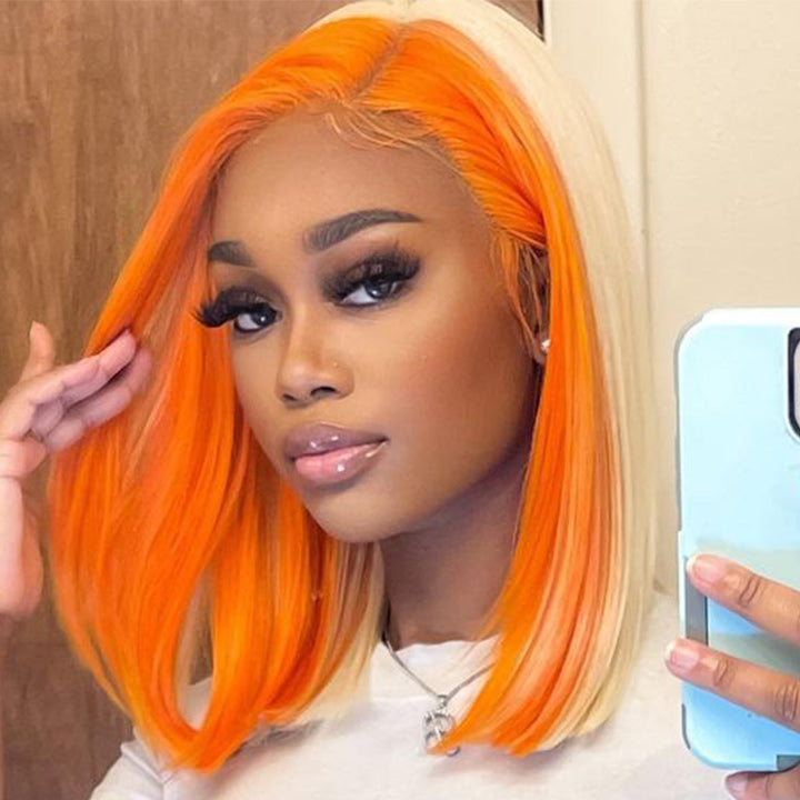 Skunk Stripe Hair Straight Lace Front Bob Wig With Orange Highlight HD Transparent Lace Human Hair Bob Wigs