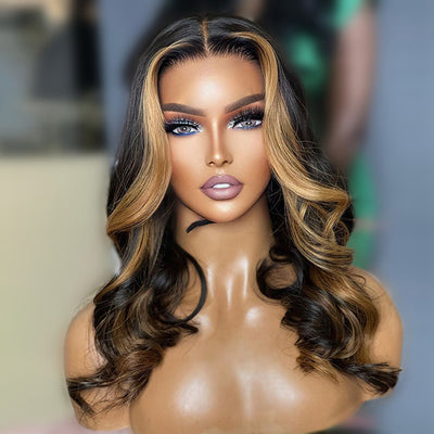 Skunk Stripe Highlight Wig Honey Blonde Body Wave Wig HD Lace Frontal Human Hair Wigs