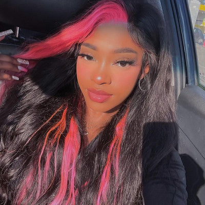 Skunk Stripe Peach Pink Straight 13x4 Lace Frontal Wig Invisible Transparent Lace Human Hair Wigs-GeetaHair