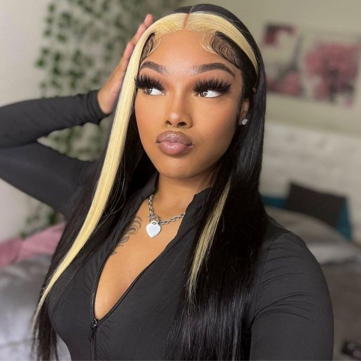 13x4 Lace Frontal Skunk Stripe Wig #613/Black Color Highlight Straight Hair Lace Front Wigs-GeetaHair