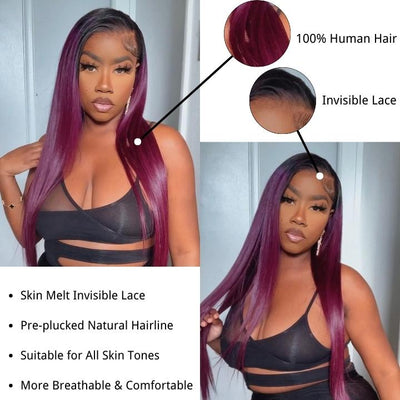 Funky Colored Wigs | Smokey Deep Purple 13x4 Lace Front Straight Wig With Black Roots Ombre Colored HD Lace Human Hair Wigs-Geeta Hair