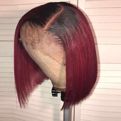 Straight Burgundy Glueless HD Lace Front Bob Wig with Black Roots 99j Colored Short Human Hair Bob Wigs