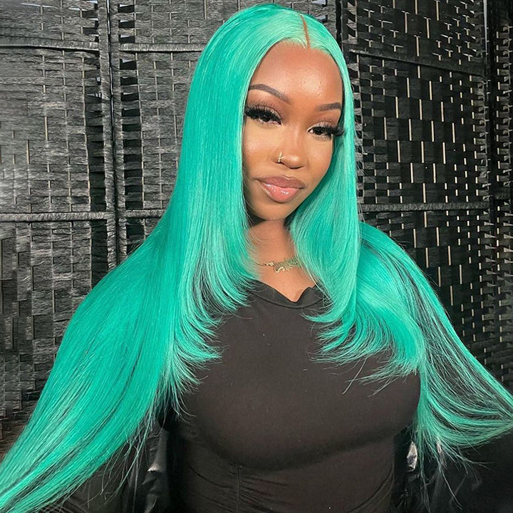 Mint Green Layered Straight Hair Glueless Lace Front Wig Lake Blue Butterfly Haircut Human Hair Wigs
