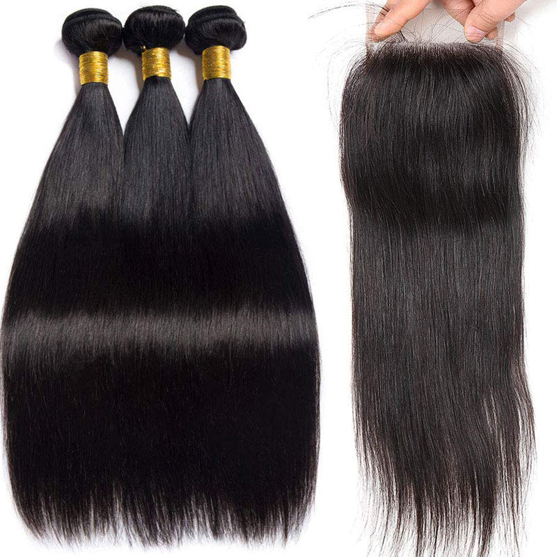 GeetaHair Long Straight Hair 3 Bundles With 4x4 Lace Closure 100% Virgin Human Hair