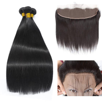 GeetaHair 3 Bundles Brazilian Straight Hair with 13x4 Ear to Ear Lace Frontal