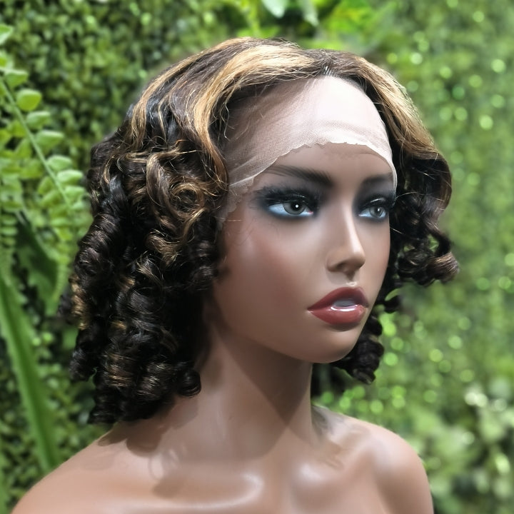 Crazy Flash Sale: Short Bouncy Curly Human Hair Wig T Part Lace Big Spiral Curl Hair Natural Black Color - Only 2 Days