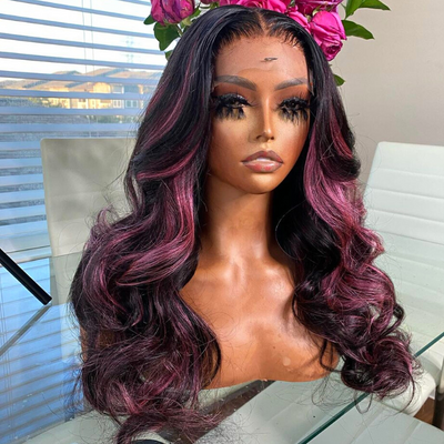 Highlight Purple Straight HD Transparent Lace Front Wig Highlights Pre Plucked Hairline Human Hair Wigs