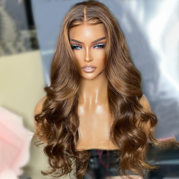 Geeta 13x4 Lace Front Body Wave Brown Wig Glueless HD Lace Human Hair Wigs Preplucked Long Wigs