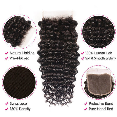 GeetaHair Deep Wave Hair 3 Bundles with 4x4 Lace Closure 100% Human Hair Extension Weaves - GeetaHair