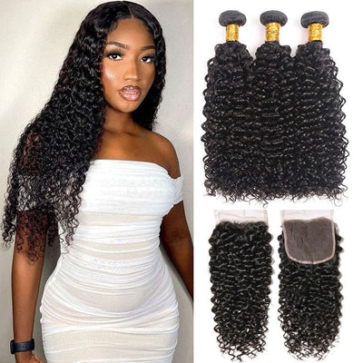 GeetaHair Black Curly Hair 3 Bundles with 4x4 Lace Closure 100% Virgin Human Hair Weave - GeetaHair