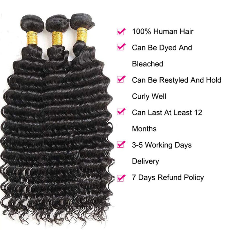 GeetaHair Deep Wave Hair 3 Bundles with 4x4 Lace Closure 100% Human Hair Extension Weaves - GeetaHair