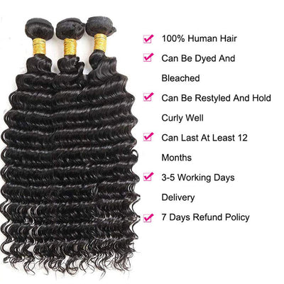 GeetaHair Deep Wave Hair 3 Bundles with 4x4 Lace Closure 100% Human Hair Extension Weaves - GeetaHair