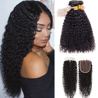 GeetaHair Kinky Curly Hair 3 Bundles with 4x4 Lace Closure 100% Remi Human Hair Soft Shiny Wave Hair - GeetaHair