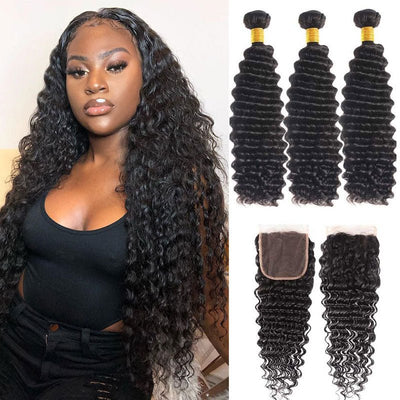 GeetaHair Deep Wave Hair 3 Bundles with 4x4 Lace Closure 100% Human Hair Extension Weaves - GeetaHair