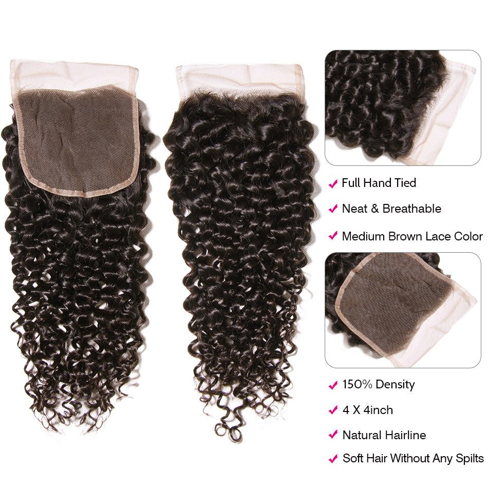 GeetaHair Black Curly Hair 3 Bundles with 4x4 Lace Closure 100% Virgin Human Hair Weave - GeetaHair