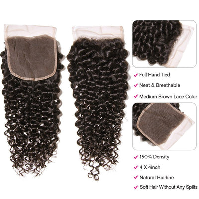 GeetaHair Black Curly Hair 3 Bundles with 4x4 Lace Closure 100% Virgin Human Hair Weave - GeetaHair