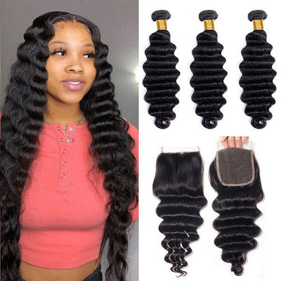 GeetaHair Loose Deep Wave 3 Bundles With 4x4 Lace Closure 100% Virgin Human Hair - GeetaHair