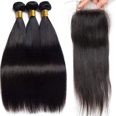 GeetaHair Long Straight Hair 3 Bundles With 4x4 Lace Closure 100% Virgin Human Hair - GeetaHair