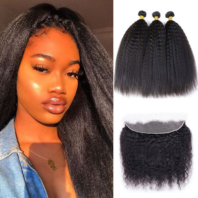 GeetaHair Kinky Straight Hair 3 Bundles With 13x4 Lace Frontal 100% Unprocessed Human Hair - GeetaHair
