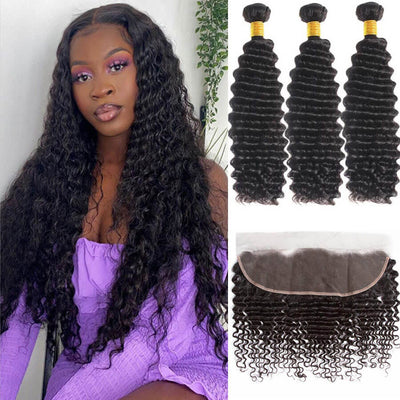 Geetahair Deep Wave 3 Bundles With 13x4 Lace Frontal Virgin Humam Hair - GeetaHair