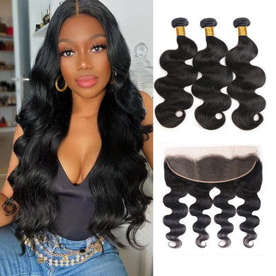 GeetaHair Body Wave 13x4 Frontal Natural Color With 3 Bundles 100% Human Hair - GeetaHair