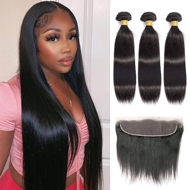 GeetaHair 3 Bundles Brazilian Straight Hair with 13x4 Ear to Ear Lace Frontal - GeetaHair