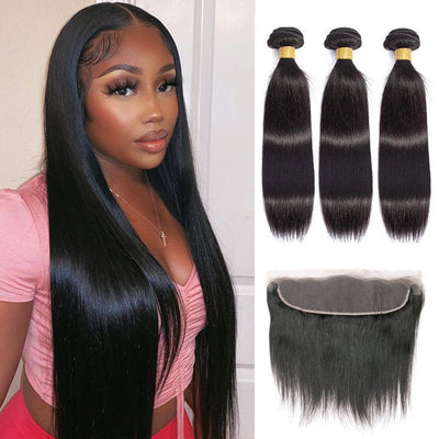 GeetaHair 3 Bundles Brazilian Straight Hair with 13x4 Ear to Ear Lace Frontal - GeetaHair