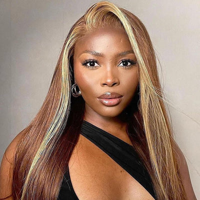 Skunk Stripe Highlight Blonde Lace Frontal Wig Colored Straight HD Lace Human Hair Wigs - GeetaHair