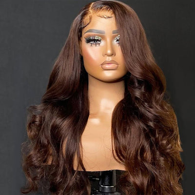 Xmas Sale Chocolate Brown Transparent Lace Front Human Hair Wig Pre Plucked Body Wave Glueless Wig - GeetaHair