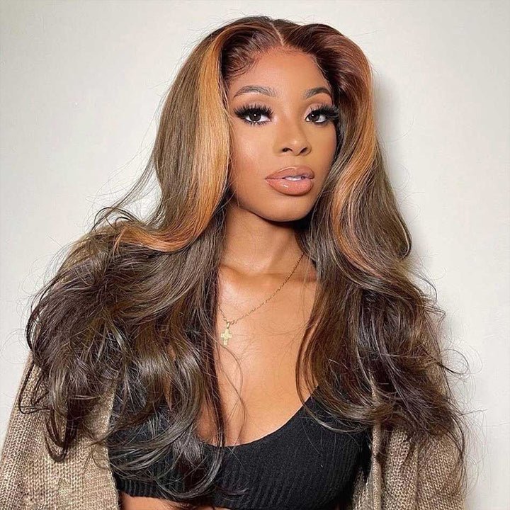 Skunk Stripe Brown Body Wave HD Transparent Lace Front Wig Face Frame Highlights Human Hair Wigs - GeetaHair