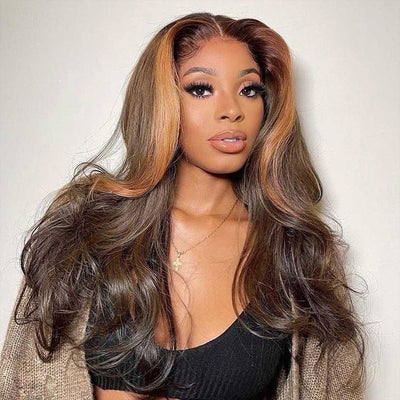 Skunk Stripe Brown Body Wave HD Transparent Lace Front Wig Face Frame Highlights Human Hair Wigs - GeetaHair