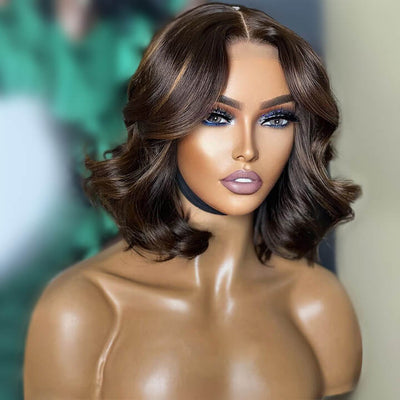 Brown Hair Bob Wig Body Wave Hair HD Lace Wig Highlight Blonde Glueless Pre Plucked Human Hair Wigs - GeetaHair