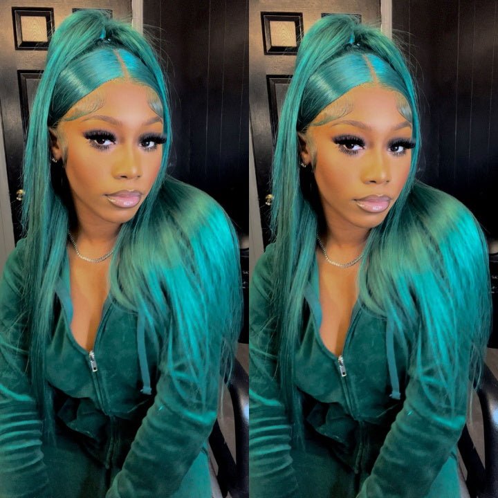 Funky Colored Wigs | Emerald Green Straight 4x4/13x4 Lace Closure/Frontal Wig Pre plucked with Baby Hair HD Transaparent Lace Wigs - GeetaHair