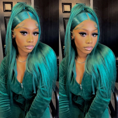 Funky Colored Wigs | Emerald Green Straight 4x4/13x4 Lace Closure/Frontal Wig Pre plucked with Baby Hair HD Transaparent Lace Wigs - GeetaHair