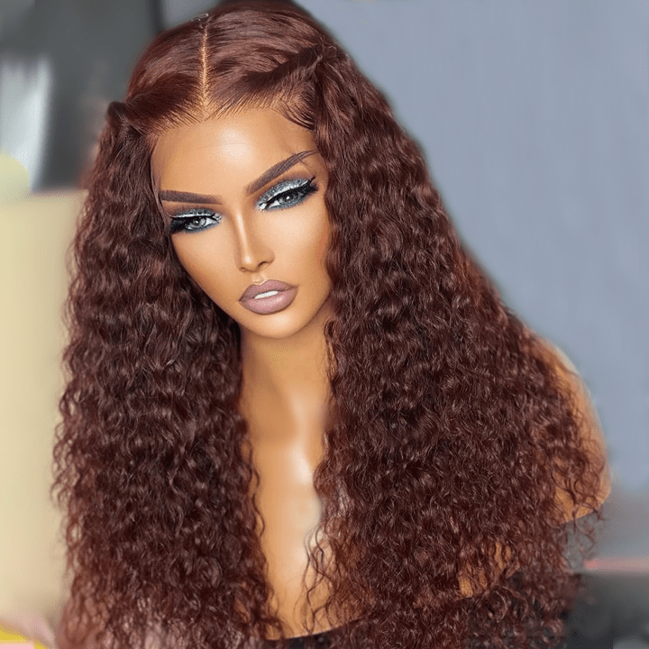 Reddish Brown Spanish Curly 13x4 HD Lace Front Wig Colored HD Transparent Lace Curly Human Hair Wigs - GeetaHair