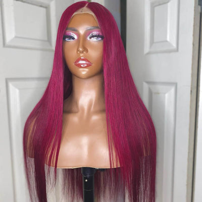Long Straight Hair 99j Burgundy T Part Lace Front Wig Glueless Pre Plucked With Baby Hair 100% Virgin Human Hair Wig - Geeta Hair - GeetaHair