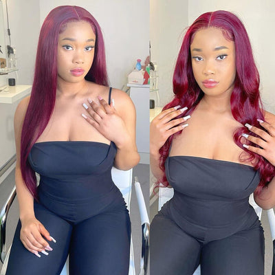 Long Straight Hair 99j Burgundy T Part Lace Front Wig Glueless Pre Plucked With Baby Hair 100% Virgin Human Hair Wig - Geeta Hair - GeetaHair