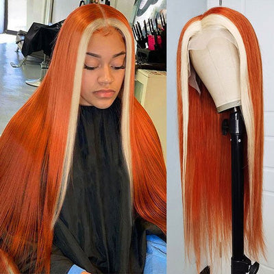 Ginger Color With #613 Blonde Streaks Skunk Stripe Wig Straight Hair Colored Wig Tranparent Lace Frontal 100% Virgin Human Hair Wig - Geeta Hair - GeetaHair