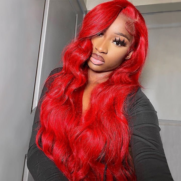 Red Body Wave HD Lace Front Wig Colored Glueless Pre Plucked Nature Hairline Human Hair Wigs - GeetaHair