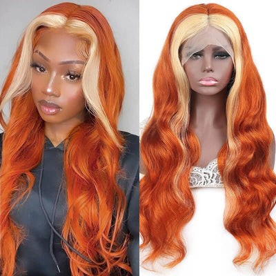 Skunk Stripe Body Wave 13x4/4x4 HD Transparent Lace Wig Ginger Orange Color With #613 Blonde Highlight Wig Colored Human Hair Wigs - Geeta Hair - GeetaHair