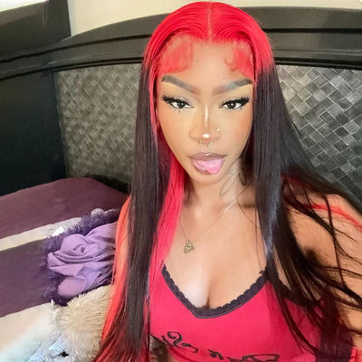 Sparkle Red Roots Long Straight Front Lace Wigs Colored Bone Straight Human Hair Wigs - GeetaHair