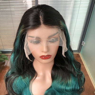 Skunk Stripe Hair Body Wave Lace Front Wig With Green Highlight HD Transparent Lace Human Hair Wigs - GeetaHair