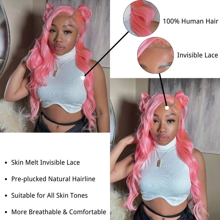 Funky Colored Wigs | Salmon Pink Color Straight/Body Wave Transparent Lace Front Color Wig Human Hair Wigs Stylish Young Cute Hairstyle 180% Density - GeetaHair - GeetaHair