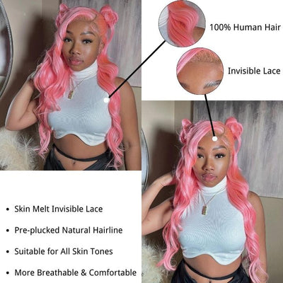 Funky Colored Wigs | Salmon Pink Color Straight/Body Wave Transparent Lace Front Color Wig Human Hair Wigs Stylish Young Cute Hairstyle 180% Density - GeetaHair - GeetaHair