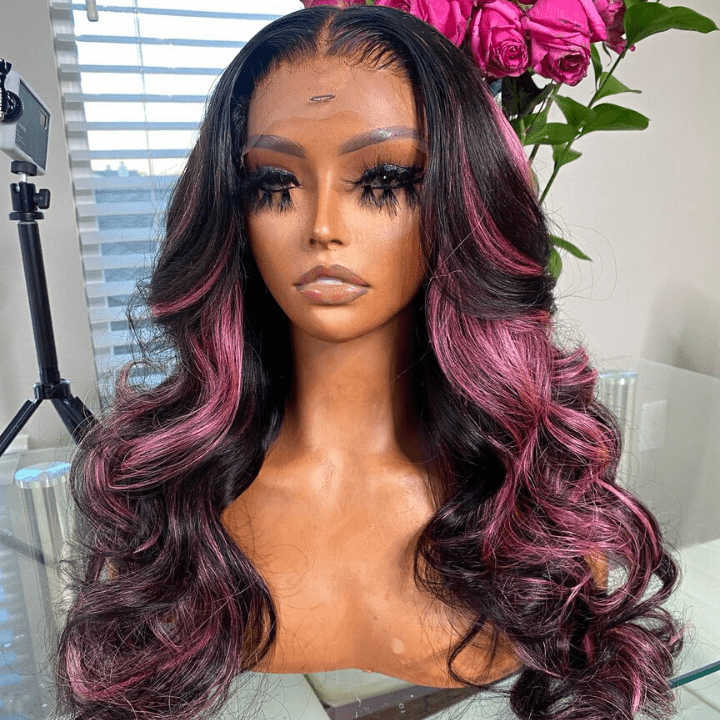 Highlight Purple Straight HD Transparent Lace Front Wig Highlights Pre Plucked Hairline Human Hair Wigs - GeetaHair